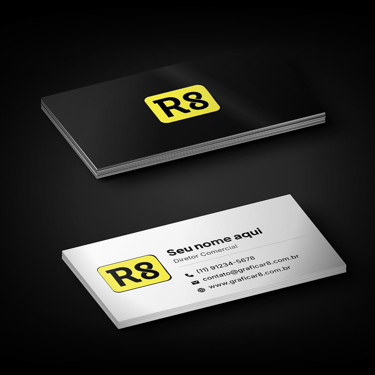 Cartões de visita da Gráfica R8: um preto com o logo e um branco com dados de contato