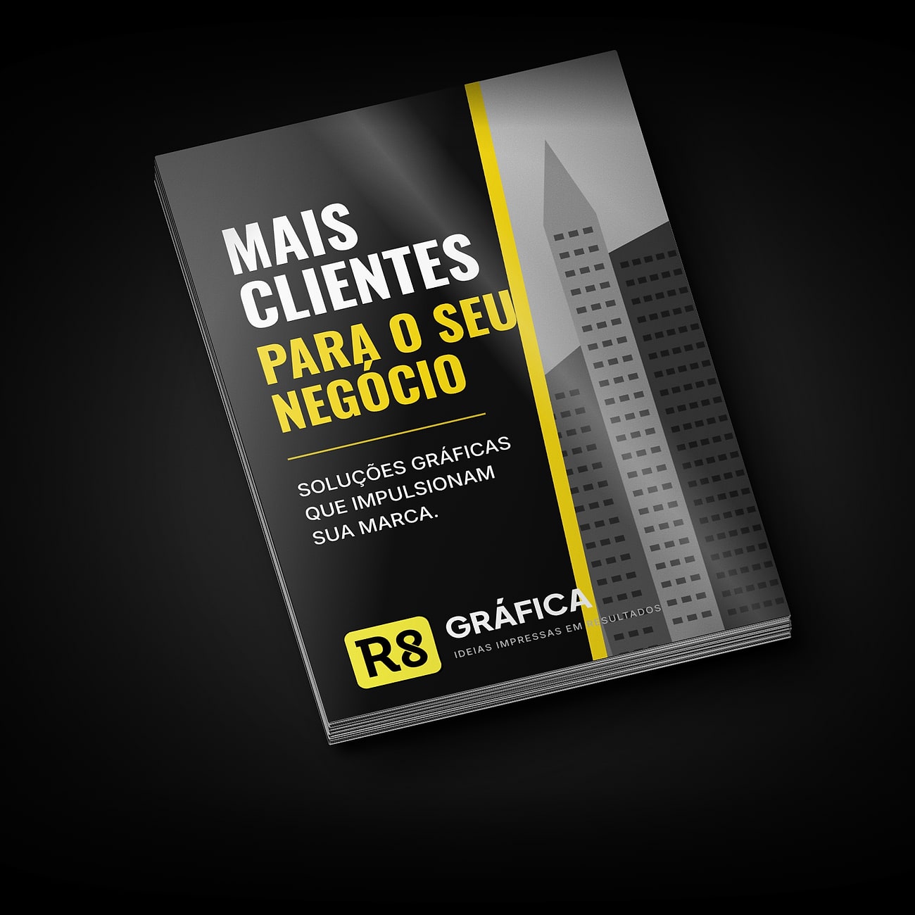 Folheto preto e amarelo da Gráfica R8 empilhado